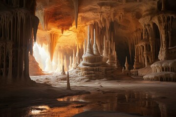 Aged cave with stalagmites and stalactites. Generative AI