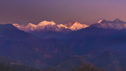 A view of Snow clad Kangchenjunga, also spelled Kanchenjunga,the third highest mountain in the...