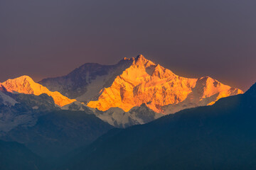 Sunrise view of Snow clad Kangchenjunga, also spelled Kanchenjunga, is the third highest mountain in the world.