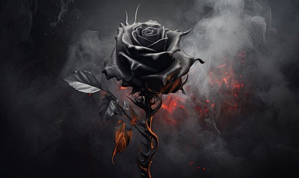 Black rose flame smoke on background. greeting card. presentation. advertisement. artwork design. copy text space.