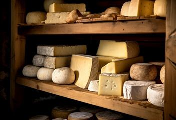Variety of Cheeses on Rustic Wooden Shelves