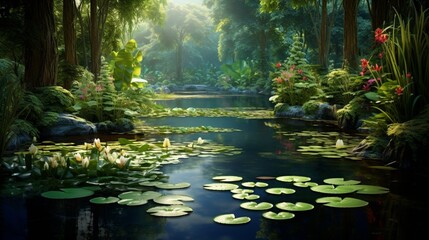 A tranquil pond surrounded by water lilies and surrounded by vibrant green ferns, creating a peaceful oasis.