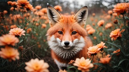 red fox vulpes,A fox in the snowth beautiful flowers, A Fox's Winter Stroll Amidst the Enchanting Blanket of Snow, Adorned by the Beauty of Delicate Flowers