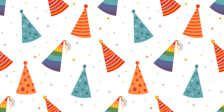 Seamless holiday pattern with colorful party hats on white background