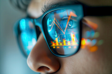 Close-Up of a Stock Market Graph Reflected in the man Eyeglasses