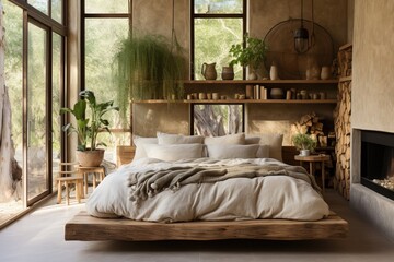 Bedroom with recycled wood elements, creating a harmonious eco-friendly space