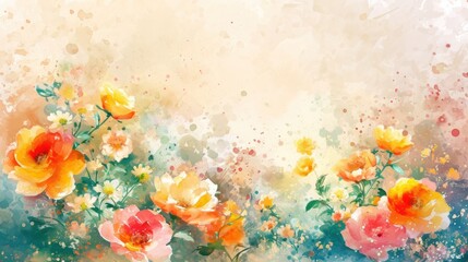 Fototapeta na wymiar Watercolor festive background adorned with blooming flowers. 