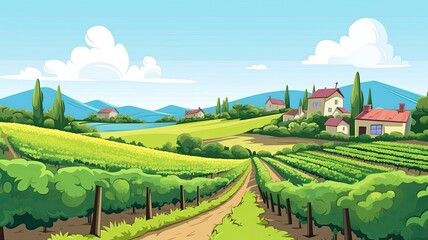 Fototapeta premium cartoon illustration of countryside with lush greenery and a dirt path leading to rolling hills adorned with quaint houses. sky is clear, with fluffy clouds