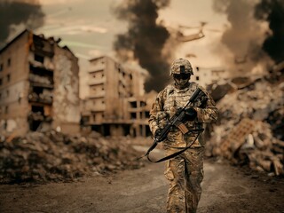 Special force walking between smoke and gas in battlefield in destroyed city	

