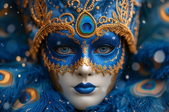 Mardi Gras Masked Marvel: Blue and Gold Masked Face with Peacock Feathers Generative AI