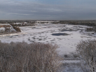 Frozen landscape in winter with snow and tundra, Aerial