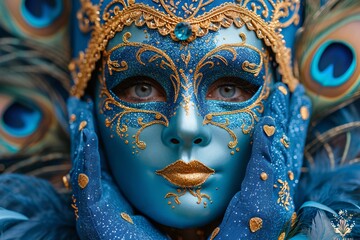 Mardi Gras Masked Marvel: Blue and Gold Face Paint Generative AI
