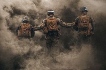 Special forces and military soldiers between smoke and gas in battlefield	
