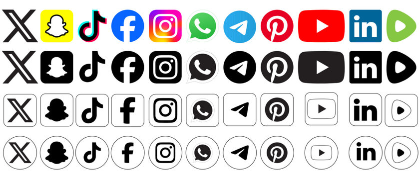  January 24 2024: Colour, Black and Transparent, Square and round edged logos of the main Social Media company logos. Facebook, Twitter, Whatsapp, Youtube, Tiktok etc.	