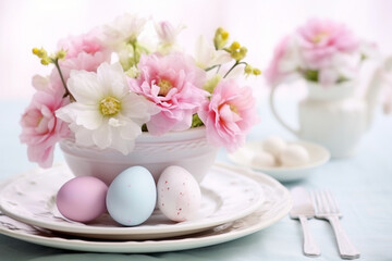 Obraz na płótnie Canvas Easter table setting composition with colored eggs,light dishes and delicate flowers,the concept of Easter design and greeting cards