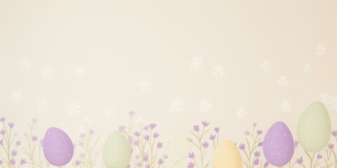 a delicate tinted Easter banner with colored eggs and flowers on a defocused background with a place for text,the concept of creative Easter design,advertising and greeting cards
