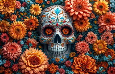 Skeleton Skull with Flowers: A Celebration of Life and Death Generative AI