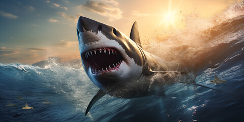 Predatory Force Unleashed: Behold the Terrifying Power of an Angry Big Shark as it Opens its Jaws Wide, Unveiling a Formidable Array of Razor-Sharp Teeth in a Spectacle of Underwater Carnage - obrazy, fototapety, plakaty