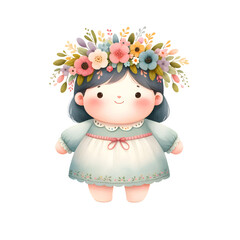 Cute Chubby Girl with floral wreaths. Watercolor Illustration Clipart.

