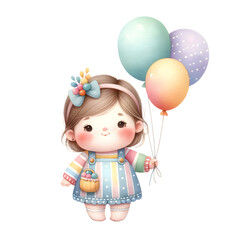 Fototapeta na wymiar Cute Chubby Girl with balloons. Watercolor Illustration Clipart. 