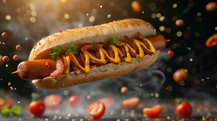 fresh hotdog or sausage sandwich with flying ingredients, , generative ai - obrazy, fototapety, plakaty