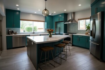 Contemporary kitchen, teal cabinets. Generative AI