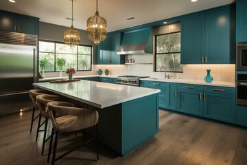 Contemporary kitchen, teal cabinets. Generative AI
