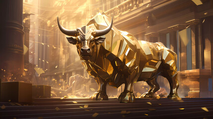 A bull with horns standing in front of a building with a lot of gold bars on it's side - obrazy, fototapety, plakaty