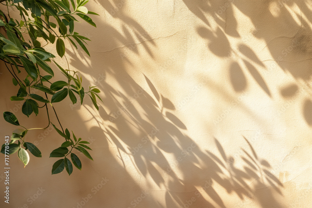 Poster leaves in the sun throwing soft shadows on a stucco wall. background image. created with generative 