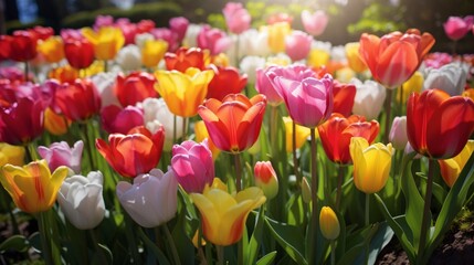 Vibrant tulips in full bloom under the morning sunlight, scattered across a well-manicured garden lawn with dewdrops on the petals.