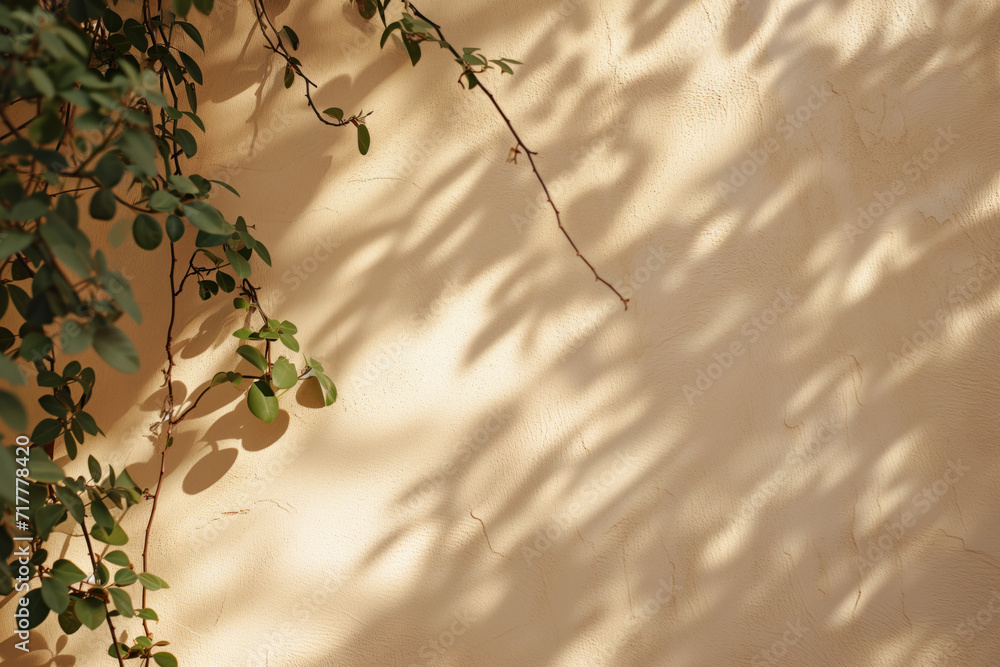 Poster leaves in the sun throwing soft shadows on a stucco wall. background image. created with generative 
