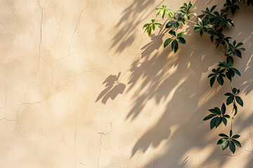 Leaves in the sun throwing soft shadows on a stucco wall. Background image. Created with Generative AI technology