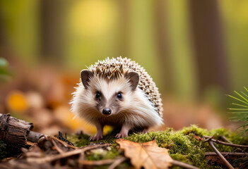 Fototapeta premium Hedgehogs stand in a rich forest with many kinds of flowers and