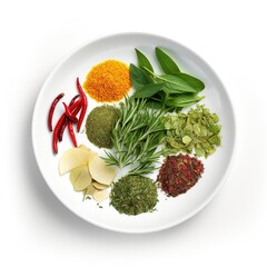 A plate with all kinds of spicy and soft herbs on a white plate top view isolated on a white background