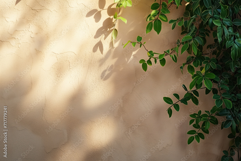 Poster leaves in the sun throwing soft shadows on a stucco wall. background image. created with generative 