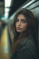 Lady with long brown hair leans against a train station wall, her pensive expression and stylish clothing captured in a stunning indoor portrait photo shoot
