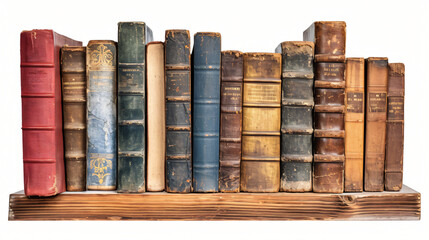 Old books cover on wooden shelf