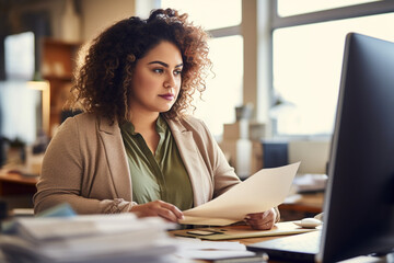plump woman with curly hair, plus-size, manager, in business clothes sitting at a desk with documents,in front of a monitor in a modern office, the concept of diversity