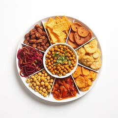 A plate with all kinds of spicy and soft Indian snacks on a white bowl top view isolated on a white background