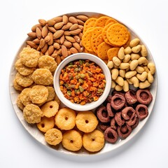 A plate with all kinds of spicy and soft Indian snacks on a white bowl top view isolated on a white background