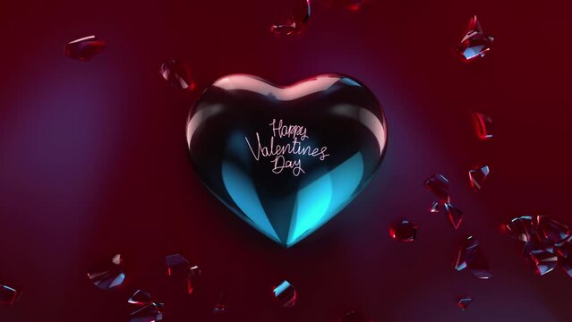 Love heart brocken into many shards of glass With text Happy Valentines Day. Animated 3D shining love heart.Type 2