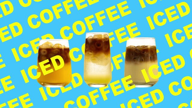 Iced coffee types. Ice latte, bumble, espresso tonic. Summer menu. Refreshment. Stop motion, animation. Contemporary art. Concept of popular drink and creativity, color, taste and menu. Poster for ad
