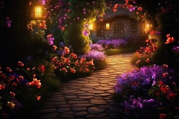 Glowing Garden Path: Create a pathway of lights leading to a cluster of flowers.
