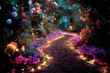 Naklejka premium Glowing Garden Path: Create a pathway of lights leading to a cluster of flowers.