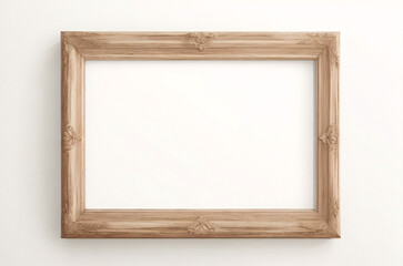Marco vertical rectangular fino de madera clara colgado en una pared con textura blanca, plano, vista superior, ilustración 3D