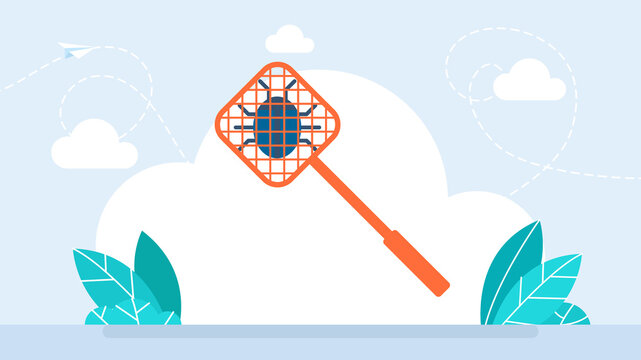 Fly swatter with dead bug. Kill bugs. Removing malicious applications. Carton icon. Isolated on white background. Homemade manual equipment to get rid of insects. Flat design. Trendy illustration