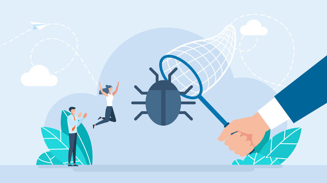 A team of programmers catches a bug in a butterfly net. IT software application testing, quality assurance, QA team and bug fixing concept. Flat design. People catching bugs. Trendy illustration