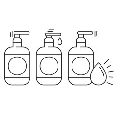 Plastic bottle icons set with dispenser pump for liquid soap, gel,lotion,cream,shampoo,bath foam and other cosmetics.Instructions for use.Editable Stroke. Vector illustration EPS 10. 