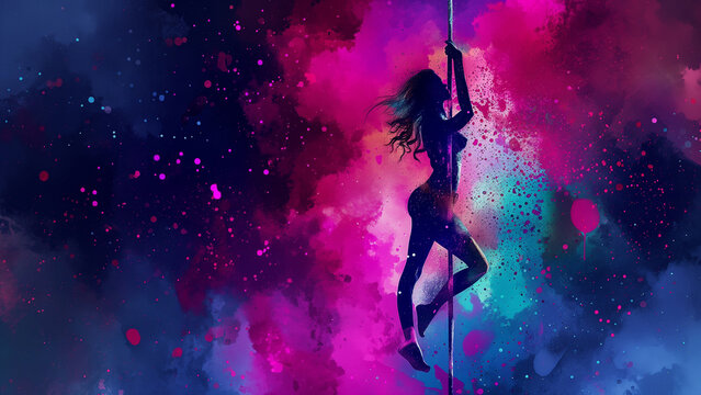 Glowing Grace: A Neon Watercolor Portrait of a Pole Dancer