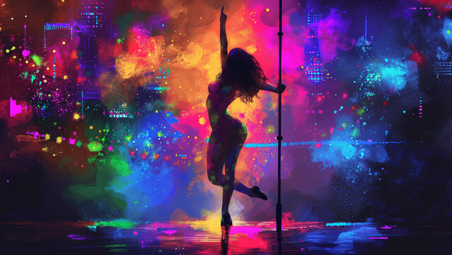 Neon Luminescence: A Watercolor Rendition of a Pole Dancer